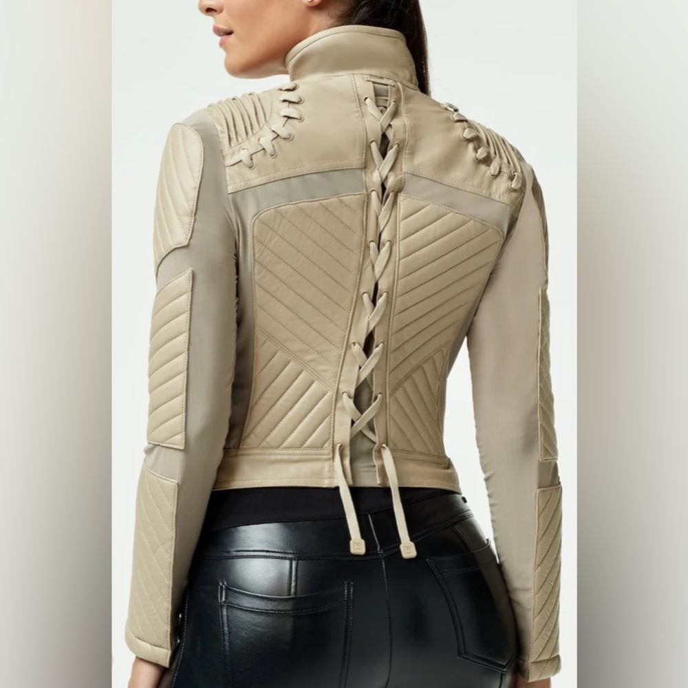 Blanc Noir Leanza Acceleration Moto Mesh Tie Back Leather Jacket